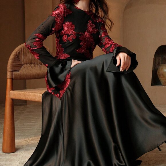 BEST SELLER Black Elegant Women's RED Floral Patchwork Round Neck mAXI Dress - Picture 7 of 7